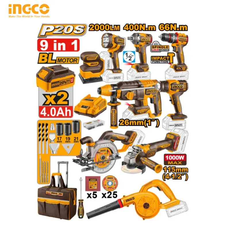 INGCO 9 PIECE CORDLESS INDUSTRIAL COMBO KIT COSLI250381