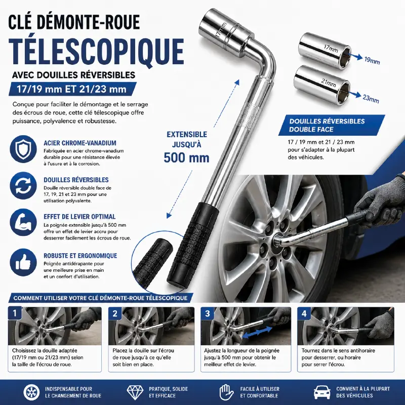 CLÉ DÉMONTE-ROUE TÉLESCOPIQUE